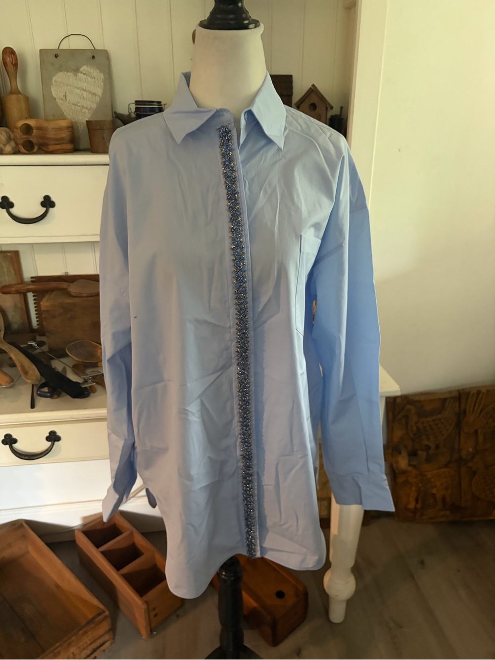 Maje Light Blue Women’s Blouse with Beaded Decorative Trim